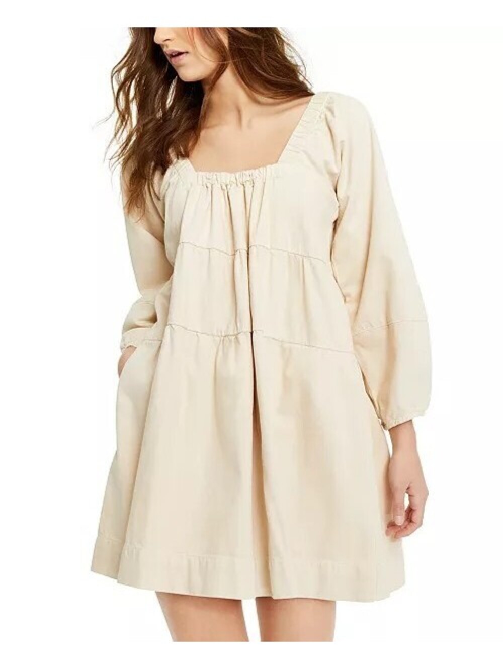 Free People Denim Babydoll Mini Dress Long-Sleeve Sz XS Natural Boho Minimalist